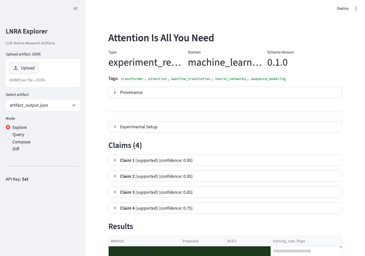 LNRA interactive demo showing structured artifact explorer